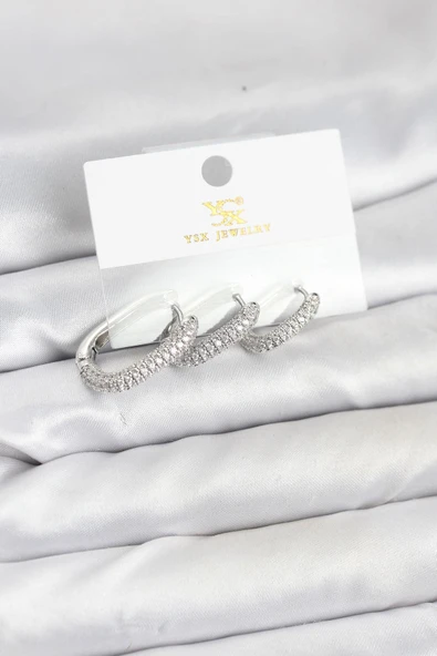Pirinç Gümüş Renk Zirkon Taşlı Halka Model YSX Trio Küpe Seti ürün görseli 1
