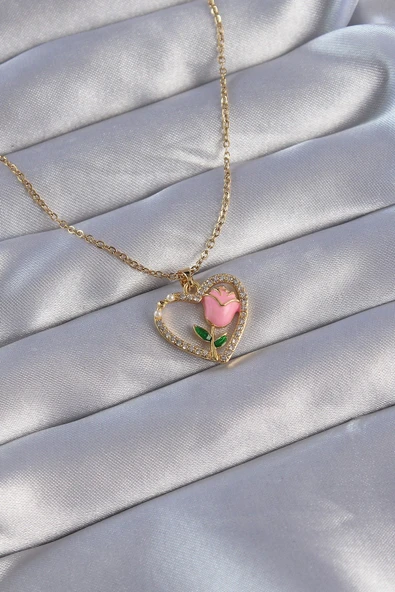 316L Çelik Zincirli Gold Renk Zirkon Taşlı Kalp İçinde Pembe Gül Tasarımlı Kolye ürün görseli 1