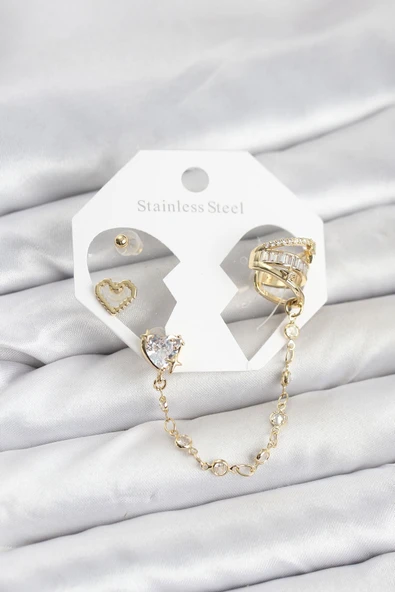 Pirinç Gold Renk Kalp Model Zincir Bağlantılı Ear Cuff Küpe Seti ürün görseli 1