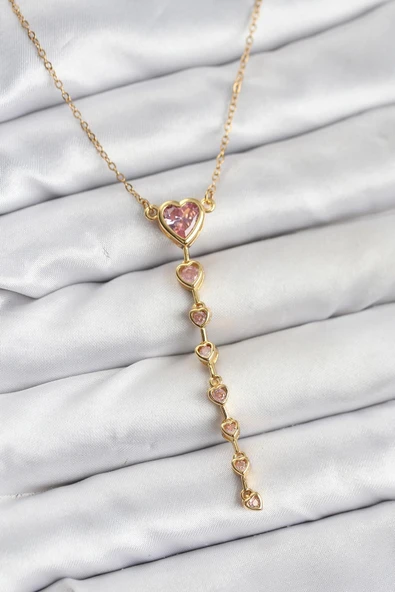 316L Çelik Zincir Gold Renk Pembe Kalp Kadın Kolye ürün görseli 1