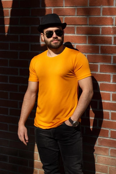 Sarı Hardal Basic Rahat İnce Petek Kumaş Spor Erkek Tshirt 22ETSHPORT ürün görseli 1