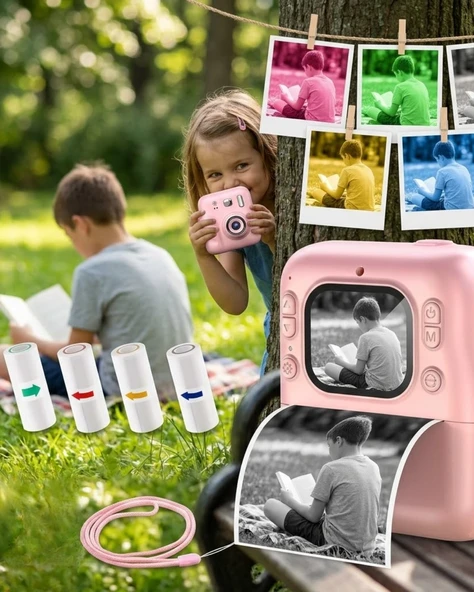 Mini Çocuk Kamerası Fotoğraf Video Çekim 4 Rulo Baskı Kağıdı ve 5 Kalem Hediyeli ürün görseli 1