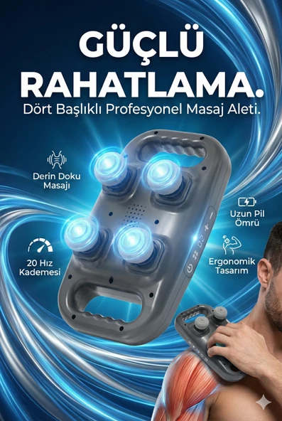 4 Başlıklı Masaj Tabancası - Ergonomik Derin Doku Sırt Ve Boyun Masaj Aleti Ağrı Ve Sızı Giderici ürün görseli 1