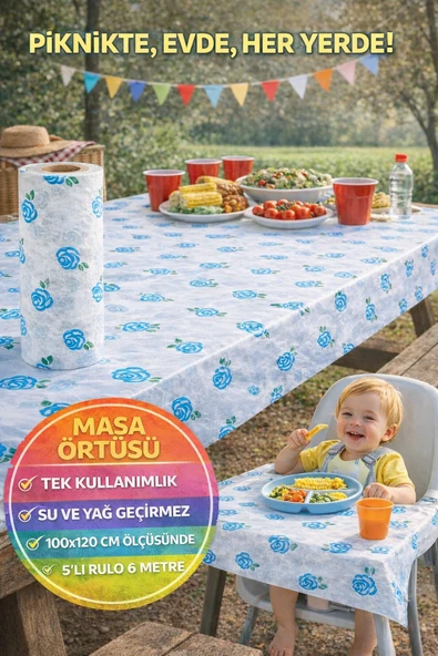 5’li Rulo - 6 Metre 100x120 cm I Kullan At Masa Örtüsü Su Geçirmez Piknik Sofra Örtüsü ürün görseli 1