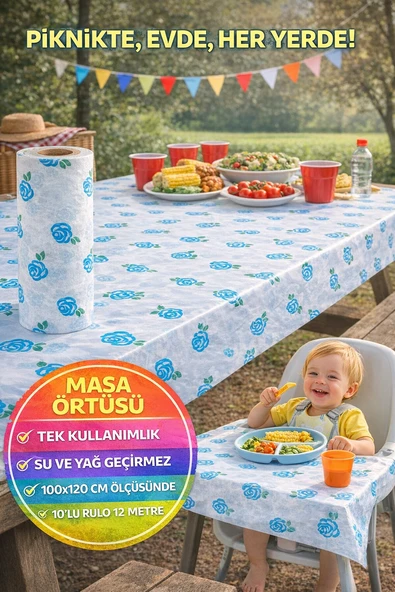 10'lu Rulo - 12 Metre 100x120 cm I Kullan At Masa Örtüsü Su Geçirmez Piknik Sofra Örtüsü ürün görseli 1