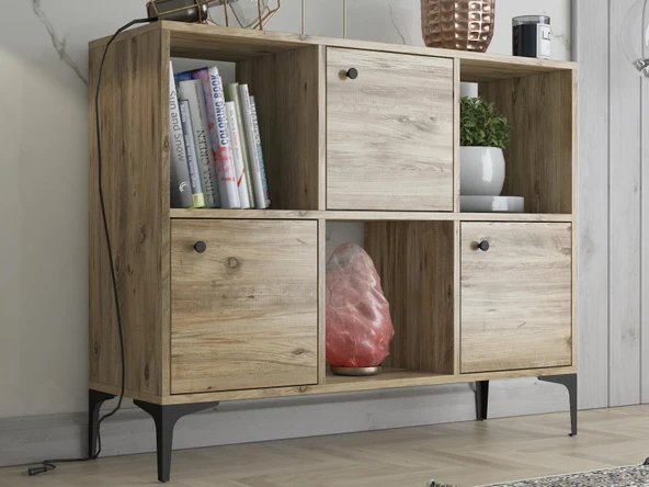 Wood'n Love Orbit 3 Kapaklı Metal Ayaklı Çok Amaçlı Dolap Konsol - Atlantik Çam / Siyah ürün görseli 1