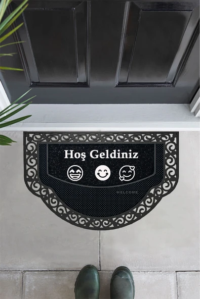 M&H Quality Yarım Ay Modeli Hoş Geldiniz Yazlı Gülen emoj Desenli  Kapı Önü Paspası Altın Rengi ürün görseli 1