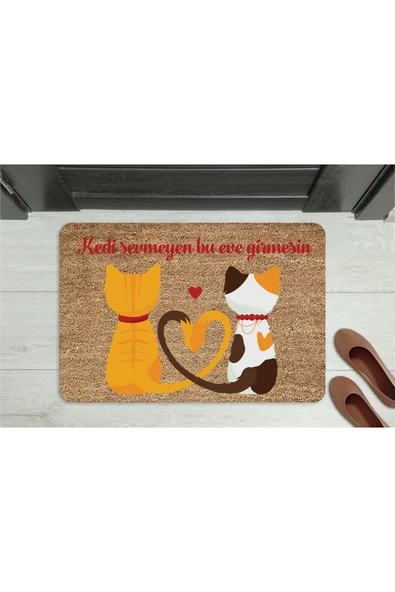 M&H Quality Kedi Sevmeyen Giremez” Yazılı Kedi Figürlü Kapı Önü Paspası – Kaymaz, Yıkanabilir ürün görseli 1