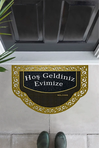 M&H Quality Yarım Ay Modeli Hoş Geldiniz Yazlı Gülen emoj Desenli  Kapı Önü Paspası Altın Rengi ürün görseli 1