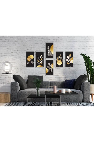 M&H Quality 6’lı Siyah Gold Minimal Botanik Tablo Seti – Modern Duvar Dekoru ürün görseli 1