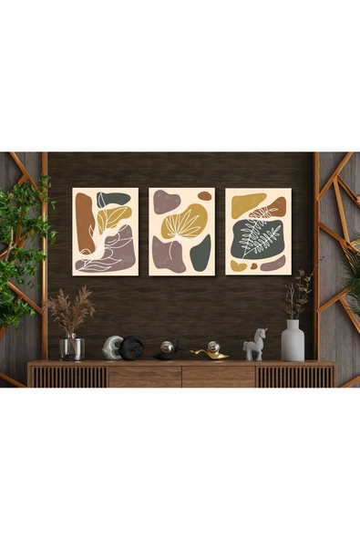 M&H Quality Modern Bohem 3 Parça Duvar Tablosu – Soyut Yaprak Desenli MDF UV Baskı ürün görseli 1