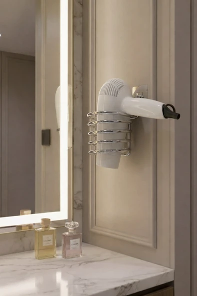 Metal Krom Yapışkanlı Saç Kurutma Makinesi Askısı - Banyo Duvar Düzenleyici MS-012 ürün görseli 1