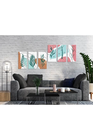 M&H Quality 6’lı Soyut Botanik Tablo Seti | Pastel Mint-Pudra-Kiremit Tonlar | Minimal Modern Duvar Dekoru ürün görseli 1