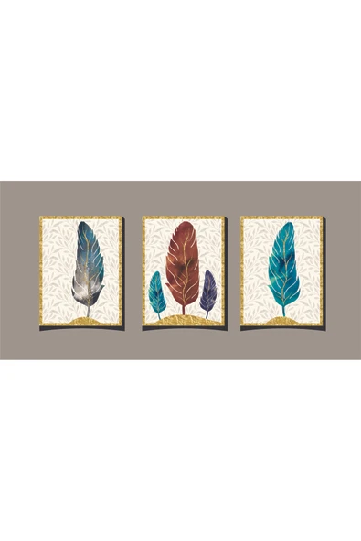 M&H Quality 3’lü MDF Tablo Seti 20x30 cm UV Baskı Altın Detaylı Tüy Desenli Duvar Dekoru ürün görseli 1