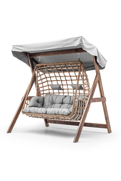 Girne Swing Ahşap Rattan Salıncak Dış Mekan Bahçe Balkon Ve Teras Salıncağı Gri ürün görseli 1