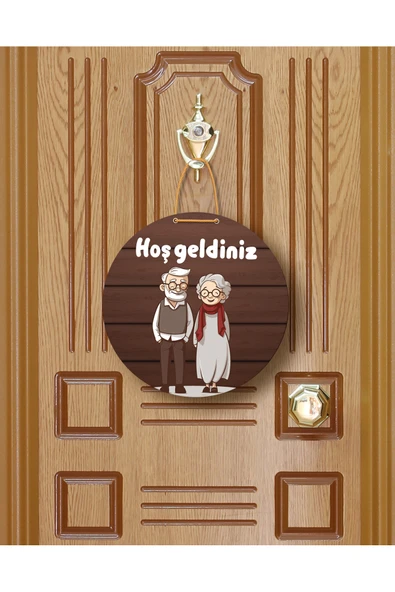 M&H Quality Hoşgeldiniz" Yazılı MDF Kapı Süsü(22.5 cm)Sevimli Yaşlı Çift Temalı Halat Askılı Giriş Dekoru ürün görseli 1