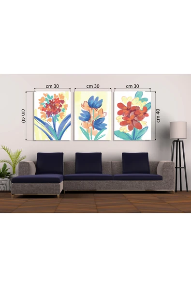 M&H Quality Canlı Suluboya Çiçek Desenli 3'lü MDF Tablo Seti | Modern Çiçekler ürün görseli 1