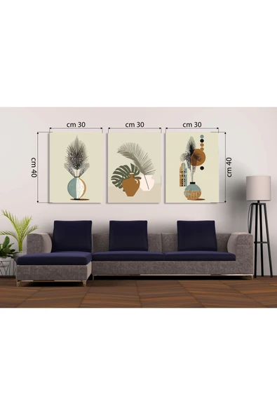 M&H Quality Bohem Stil Botanik Vazo 3'lü MDF Tablo Seti | İskandinav Salon Dekoru | Delmeden Kolay Montaj ürün görseli 1