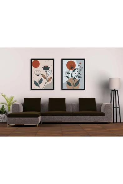 M&H Quality Toprak Tonları Bohem Çiçek 2'li MDF Tablo Seti | Modern Çizgisel Sanat | Delmeden Kolay Montaj ürün görseli 1