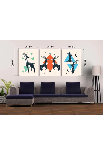 M&H Quality Geometrik Geyik Desenli 3'lü MDF Tablo Seti | İskandinav Stil, Turuncu & Mavi | Delmeden Montaj ürün görseli 1