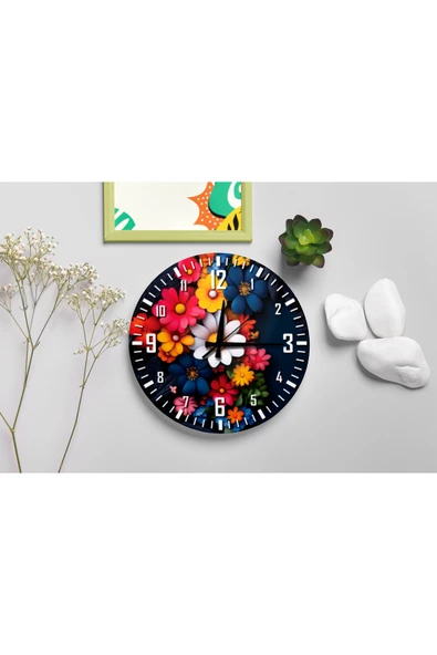 M&H Quality Dramatik Canlı Çiçek Buketi Baskılı Sessiz Duvar Saati 40 cm ürün görseli 1