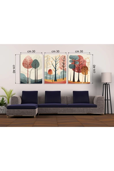 M&H Quality Modern Soyut Ağaç Manzarası 3'lü MDF Tablo Seti | İskandinav & Sonbahar Temalı | Delmeden Montaj ürün görseli 1