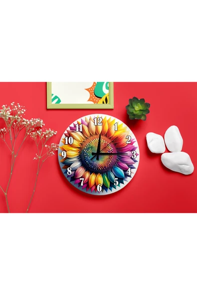 M&H Quality Gökkuşağı Ayçiçeği Baskılı Canlı ve Enerjik Sessiz Duvar Saati 40 cm ürün görseli 1