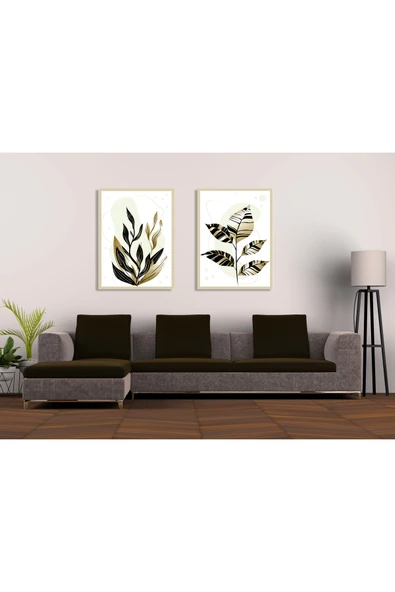 M&H Quality Lüks Siyah & Altın Yaprak 2'li MDF Tablo Seti | Modern Botanik Sanat | Delmeden Kolay Montaj ürün görseli 1