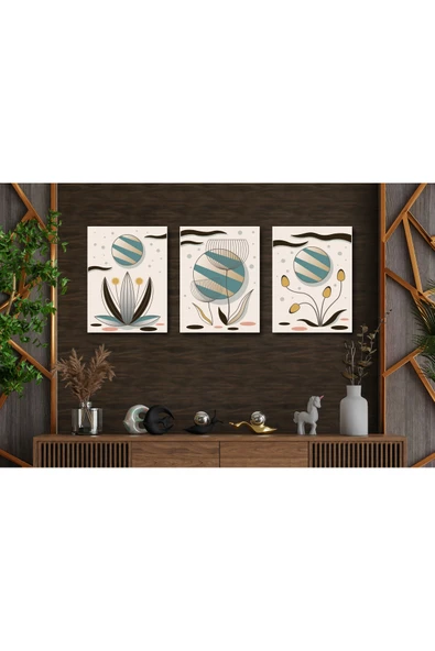 M&H Quality Mid Century Modern Duvar Tablosu 3 Parça – Soyut Floral Tasarım MDF UV Baskı Dekoratif Salon Seti ürün görseli 1