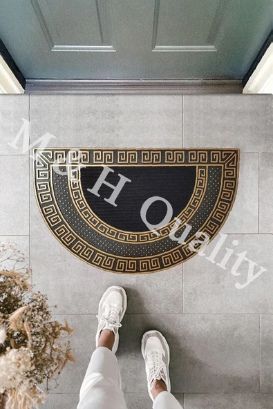 M&H Quality Dekoratif Yarım Ay Versace Model Kapı Önü Paspası Yıkanabilir Toz Alıcı Halı Altın Renk ürün görseli 1