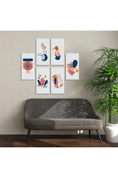 M&H Quality 6’lı Lacivert Turuncu Soyut Botanik Tablo Seti – Modern Minimal Duvar Dekoru ürün görseli 1