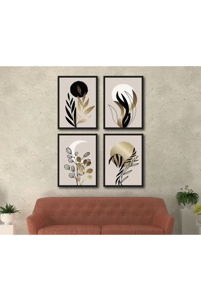 M&H Quality Siyah Altın Soyut Botanik 4’lü MDF Tablo Seti – Minimal Modern Duvar Dekoru ürün görseli 1