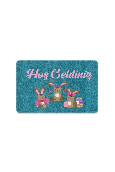 M&H Quality Dijital Baskılı kapı önü paspas Hoşgeldiniz Yazılı Çiçek Desen ve tavşan Iç ve Dış Kapı Yıkanabilir ürün görseli 1