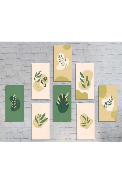 M&H Quality 8’li Modern Botanik Yaprak Duvar Tablo Seti – 20x10 cm (Minimal Tasarım) ürün görseli 1