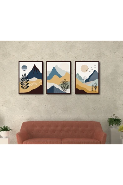 M&H Quality 3’lü MDF Tablo Seti 20x30 cm Modern Dağ Manzara Duvar Dekoru | UV Baskı Bohem Minimal ürün görseli 1