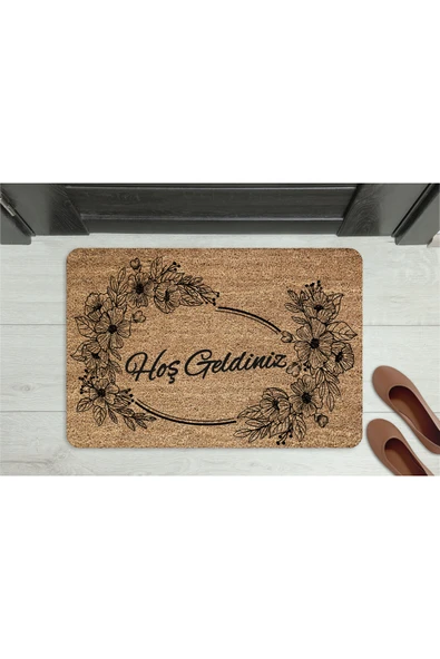 M&H Quality Hoşgeldiniz Ahşap Turuncu Çicek Dekoratif Çok Amaçlı Iç Ve Dış Kapı Önü Paspası ürün görseli 1