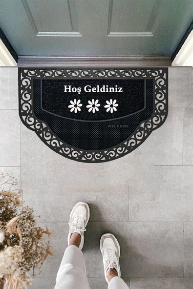 M&H Quality Yarım Ay Modeli hoş geldiniz Yazlı Çiçek Desenli Kapı Önü Paspası ürün görseli 1