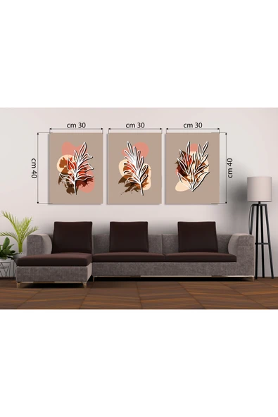 M&H Quality Toprak Tonları Soyut Yaprak Desenli 3'lü MDF Tablo Seti | Bohem Stil & Modern Sanat Delmeden Montaj ürün görseli 1