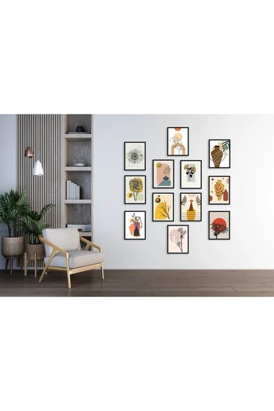 M&H Quality 12 Parça Bohem Galeri Duvarı MDF Tablo Seti İskandinav Soyut & Botanik | Delmeden Kolay Montaj ürün görseli 1