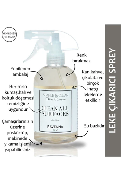 RAVENNA Simple&clean Ultra Güçlü Çok Amaçlı Temizleyici Sprey 500 ml (Ayakkabı,tekstil, halı,mutfak ,banyo)