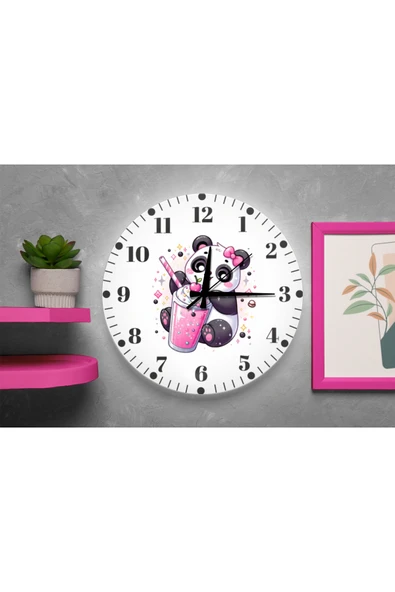 M&H Quality Kız Çocuk Odası İçin Pembe Panda Tasarımlı Sessiz Duvar Saati ürün görseli 1
