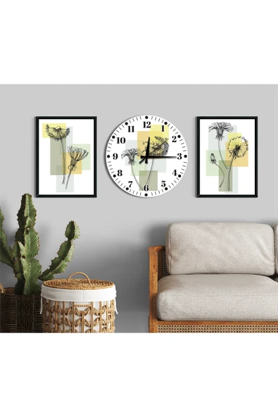 M&H Quality Modern Çizgisel Sanat 3'lü Duvar Dekoru Seti (2 Tablo + 1 Saat) | Pastel Tasarım | Sessiz Mekanizma ürün görseli 1