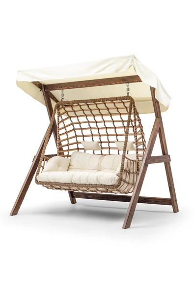 Girne Swing Ahşap Rattan Salıncak Dış Mekan Bahçe Balkon Ve Teras Salıncağı Krem ürün görseli 1