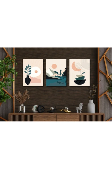 M&H Quality Pastel Boho Minimal 3’lü MDF Tablo Seti – Modern Soyut Vazo & Manzara Duvar Dekoru ürün görseli 1