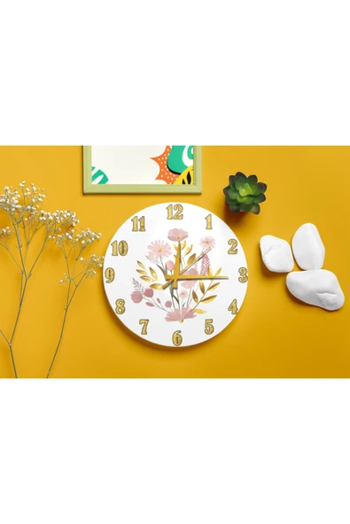 M&H Quality Gold Rakamlı Pembe Çiçek Buketi Sessiz Duvar Saati 40 cm ürün görseli 1