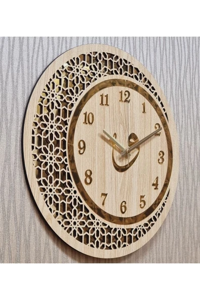 M&H Quality Ahşap Ve Aynalı Vav Motifli Duvar Saati ürün görseli 1