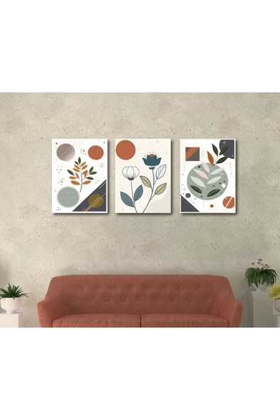 M&H Quality 3’lü MDF Tablo Seti 30x40 cm Soyut Geometrik Yaprak & Çiçek Modern Duvar Dekoru ürün görseli 1