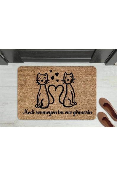M&H Quality Kedi Sevmeyen Giremez” Yazılı Kedi Figürlü Kapı Önü Paspası – Kaymaz, Yıkanabilir ürün görseli 1