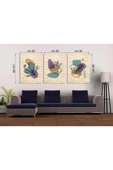 M&H Quality Bohem Çizgisel Sanat 3'lü MDF Tablo Seti | Soyut Yaprak & Çiçek Desenli | Delmeden Montaj ürün görseli 1