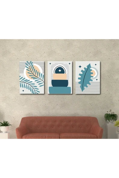 M&H Quality Minimalist Bohem Yapraklı 3 Parça MDF Tablo Seti | Çerçevesiz Modern Salon Duvar Dekoru ürün görseli 1
